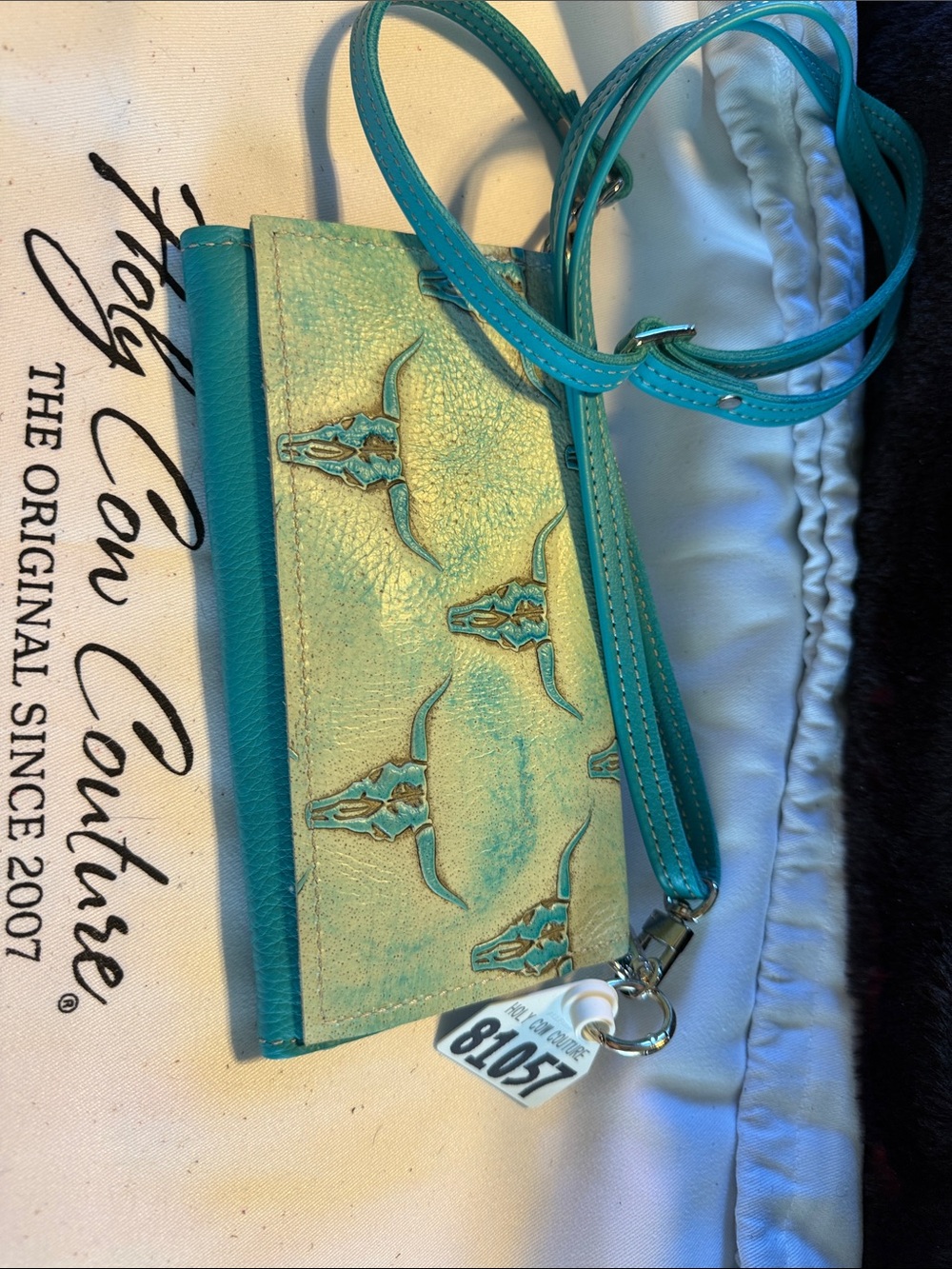 Trail-boss Holy Cow Teal Tooled Steer Skull Crossbody Wristlet